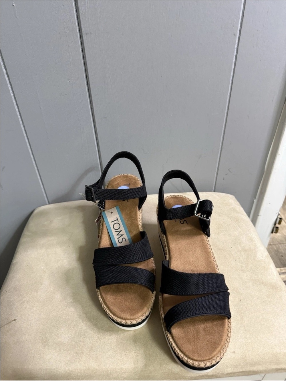 TOMS Black Strappy Espadrille Sandals with Ankle Buckle